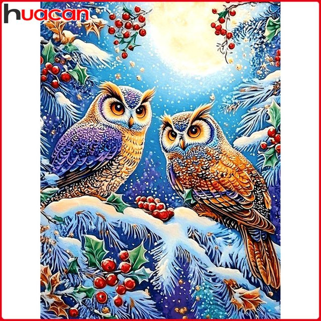 Huacan Diamantmosaik-Set Eule in Winterlandschaft, Mehrfarbig, B/H: 30 x 20 cm - Bild 1