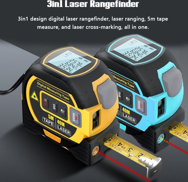 3 in 1 Laser-Entfernungsmesser mit 5m Edelstahl-Maßband und LCD-Digitalanzeige von meterk in Gelb - Bild 1