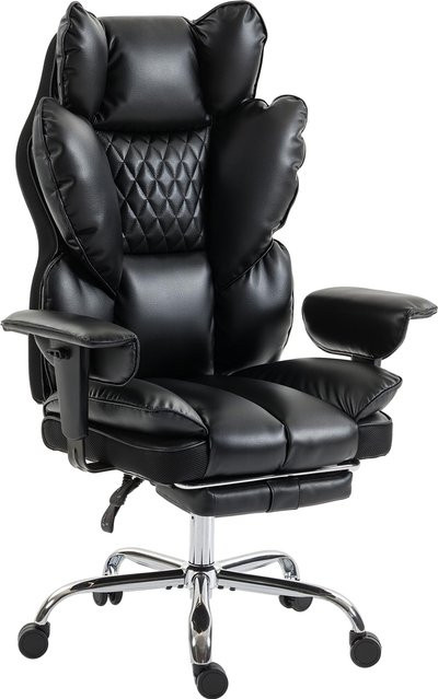 HOMCOM Chefsessel Schwarz aus Kunstleder mit Fußstütze, verstellbarer Kopfstütze und Lendenstütze, ergonomischer Bürostuhl mit Taschenfederkern bis 180 kg Belastbarkeit - Bild 1