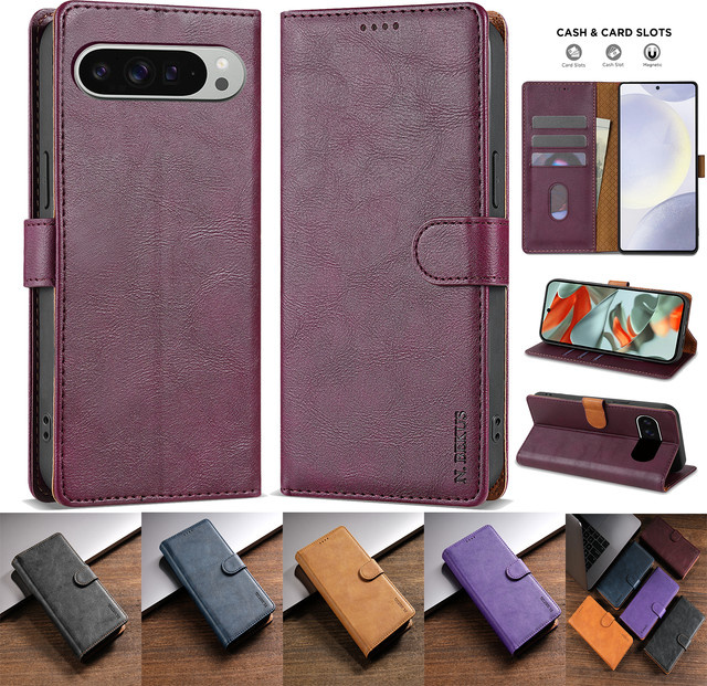 Luxus Leder Brieftasche für Google Pixel 9 10 Pro XL 8 7 6 Business Magnetische Flip Case mit Kartenfächern in Rot und Lila - Bild 1