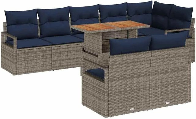 vidaXL Garten Essgruppe aus Poly-Rattan und Akazienholz mit 9 Teilen in Grau und Marineblau - Bild 1