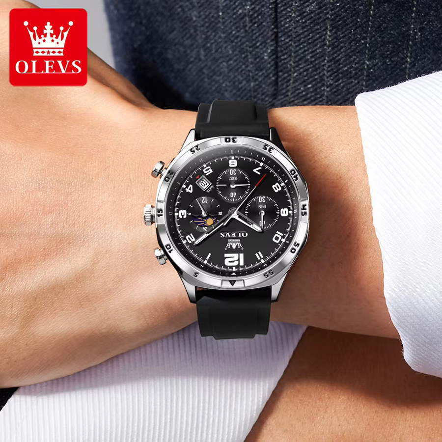 OLEVS Herrenuhr, Quarz, Mondphase, Datum, 42 mm, Silikonarmband, Schwarz - Bild 3
