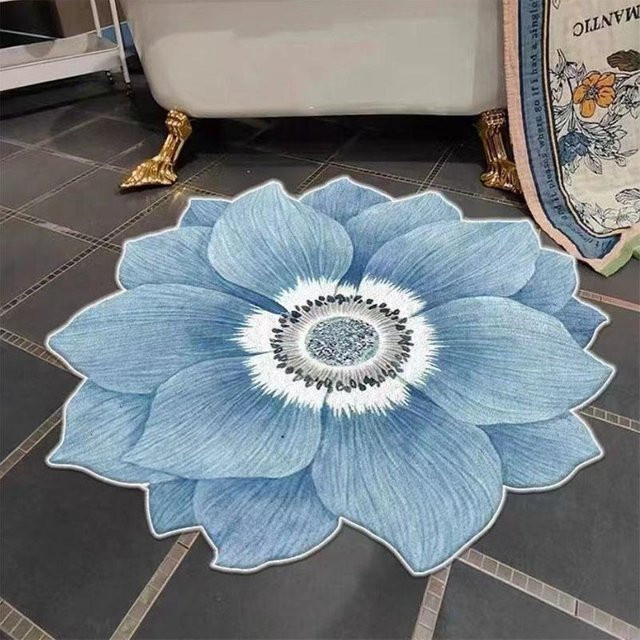 WTEMPO Blumenteppich Bauhinia Blue Lotus in Blau, rund, saugfähig und rutschfest, Durchmesser: 100 cm - Bild 1