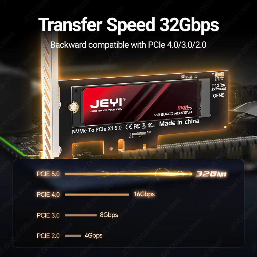 JEYI PCIe 5.0 X1 zu M.2 NVMe Adapter in Schwarz mit 32 Gbit/s Geschwindigkeit und PCB-Kühlung für 2280/60/42/30 SSDs - Bild 2