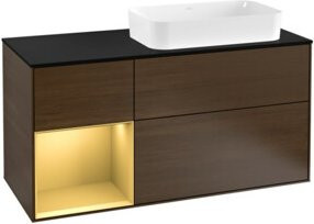 V&B Waschtischunterschrank und Wandbeleuchtung Finion in Platinblau matt mit Regalfach rechts in Gold matt und Wandventil, Breite: 120 cm, Höhe: 50,1 cm, Tiefe: 50,1 cm - Bild 1