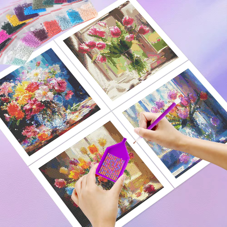 HUACAN 4er Set Diamantmalerei Rose Blumen Mosaik mit runden Bohrern in Multicolour zur DIY Stickerei als Wanddeko - Bild 2