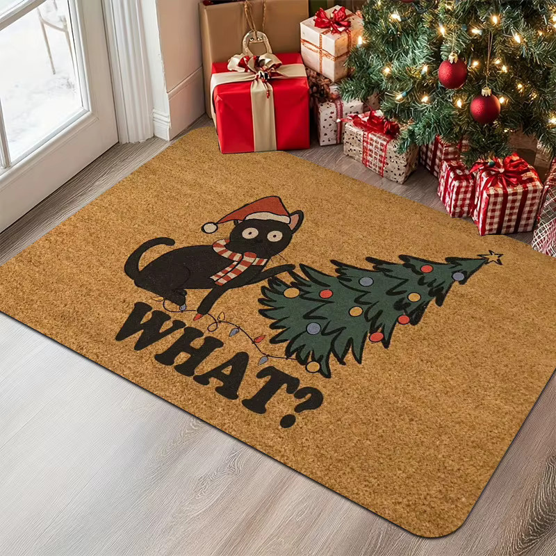 VIKAMA Teppich mit schwarzer Katze und Weihnachtsbaum-Muster in Schwarz und Braun, weiche Bodenmatte für Schlafzimmer und Eingangsbereich - Bild 4
