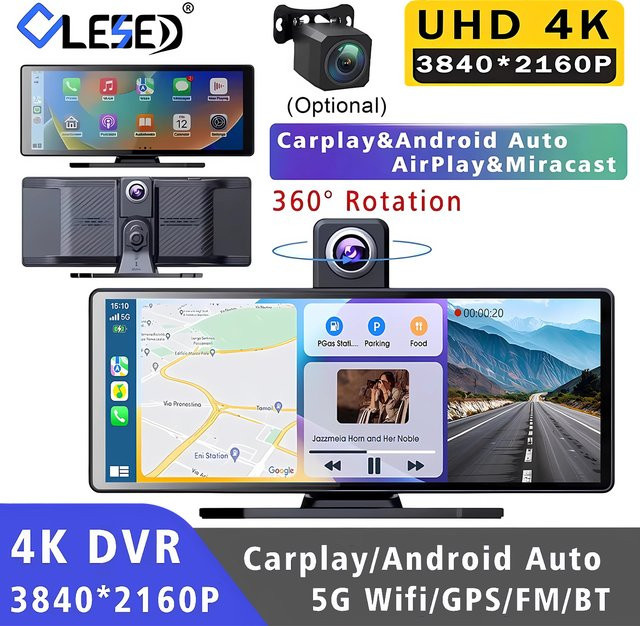 4K Dashcam mit 10,26 Zoll OLESED Display, Dual-Objektiv, Carplay, Android Auto, GPS, 5G WLAN und Bluetooth, Farbe: Schwarz - Bild 1