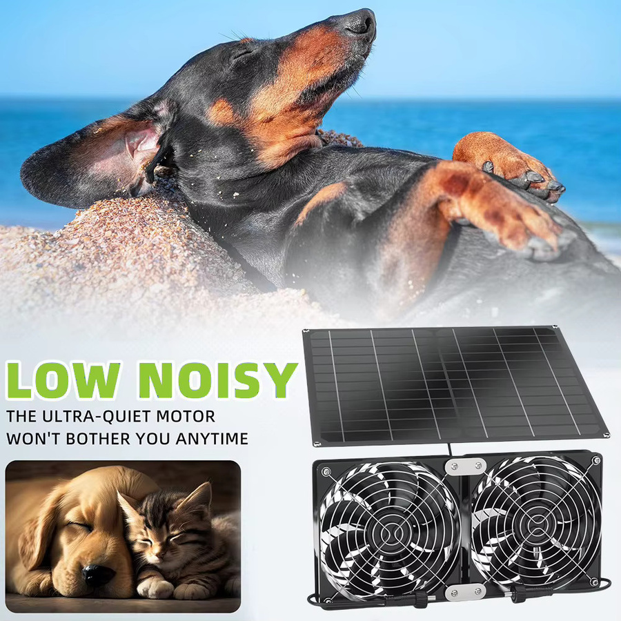 EESBAO Geräuscharmer Solar-Doppelauslassventilator mit Solarpanel für Hundehütte, Hühnerstall und Gewächshaus, Schwarz - Bild 2
