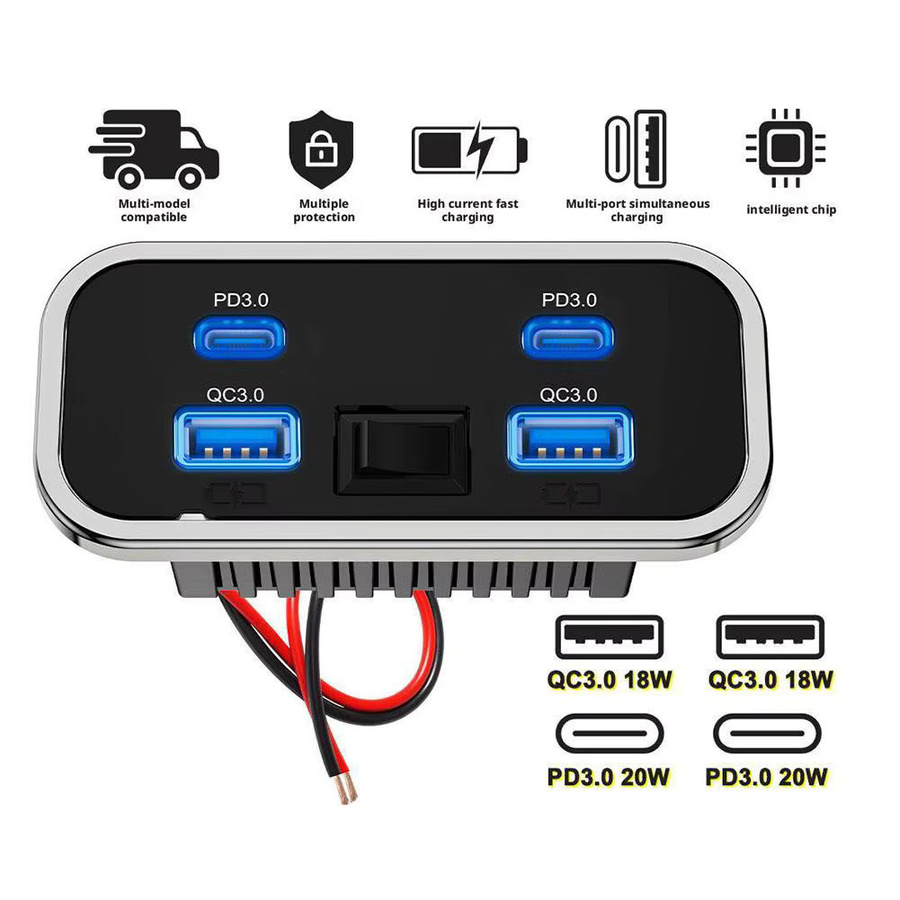 12 V USB-Steckdose mit 4 Ports für Marine, Bus und Wohnmobil, Dual PD3.0 Typ C Schnellladung & QC3.0, 76 W, Schwarz - Bild 4