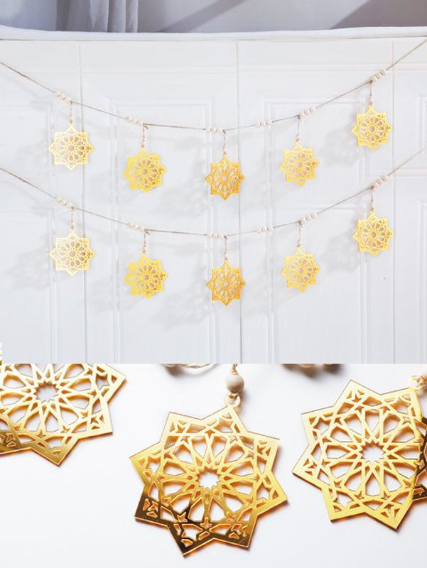 Eid Mubarak Banner mit 8-zackigem Stern aus Acryl und Holzperlen in Gold, Ramadan Dekoration im rustikalen Landhaus-Stil - Bild 1