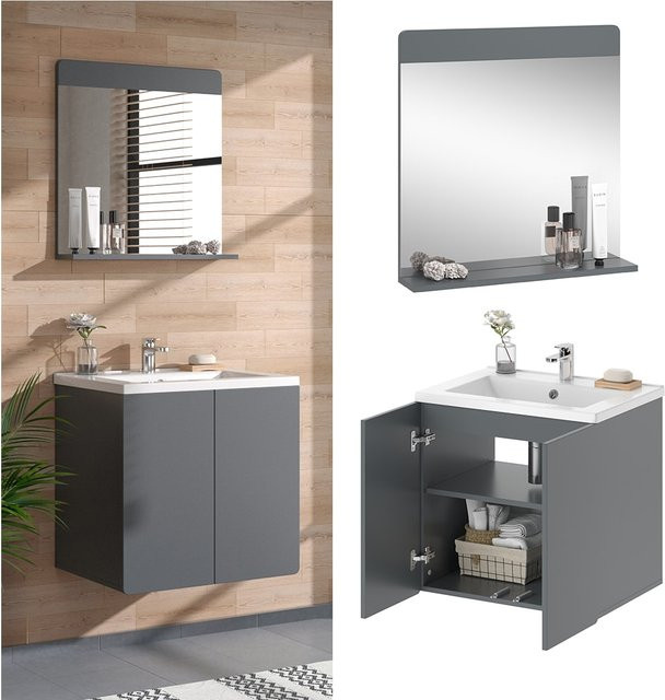 Vicco Badmöbel-Set Izan in Grau modern bestehend aus Waschtischunterschrank, Waschbecken und Badspiegel - Bild 1