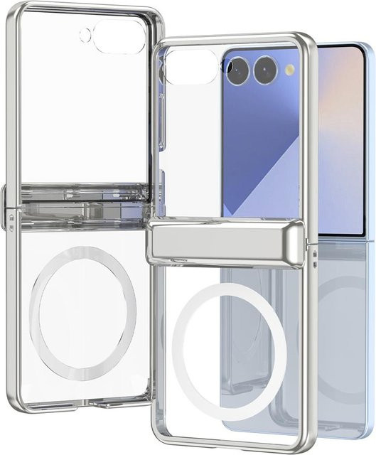 Samsung MagSafe Schutzhülle für Galaxy Z Flip 7 6 5 mit Scharnier und Magnetischer Halterung in Silber/Transparent - Bild 1