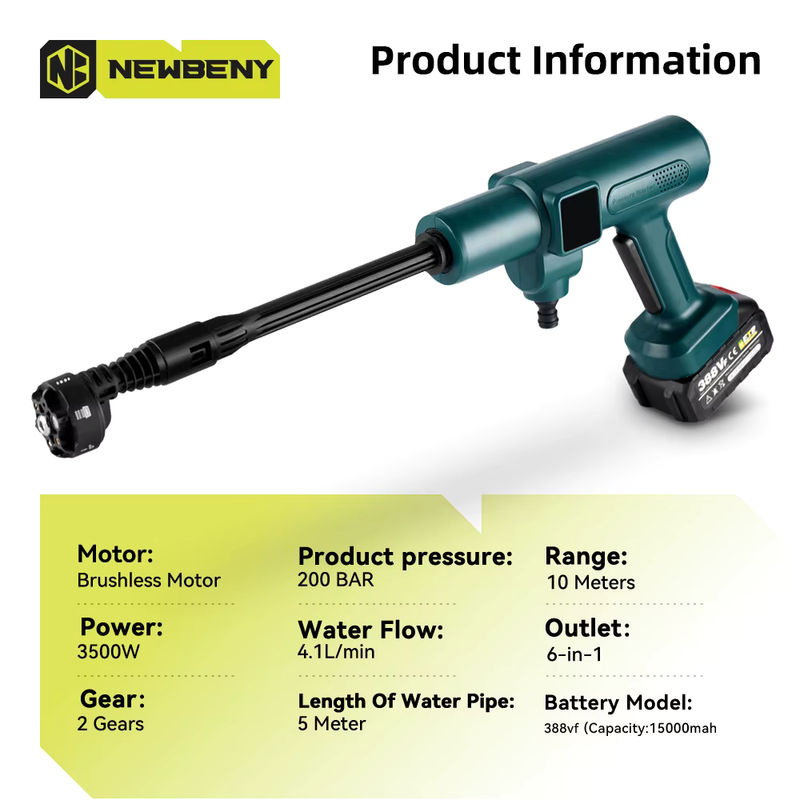 NewBeny 6 in 1 Akku Hochdruckreiniger mit 200 Bar und 3500 W, bürstenlose elektrische Autowaschmaschine für Makita 18 V Akkus - Bild 2
