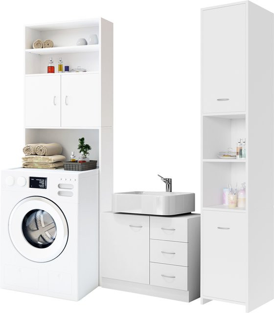 CASARIA Badmöbel-Set Neapel 3-teilig in Weiß mit Waschbeckenunterschrank, Hochschrank und Waschmaschinenschrank aus MDF - Bild 1