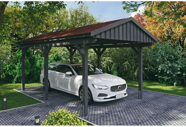 Skan Holz Carport Fichtelberg aus Fichte Leimholz mit schiefergrauen Dachschindeln und spitzer Dachform, B/T: 317 x 566 cm, Höhe: 303 cm - Bild 1