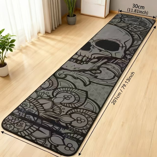 VIKAMA Rechteckiger Teppich mit Totenkopf-Mandala-Motiv in Grau im Vintage-Stil, rutschfest und langlebig für Flur und Schlafzimmer - Bild 1