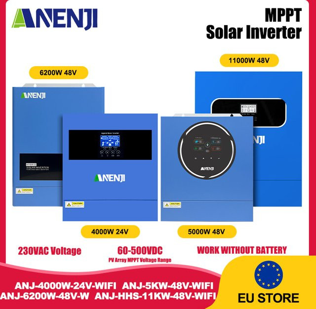 ANENJI Hybrid-Solarwechselrichter mit reiner Sinuswelle und WIFI MPPT für PV-Solarmodule, 24V 220V, Blau - Bild 1