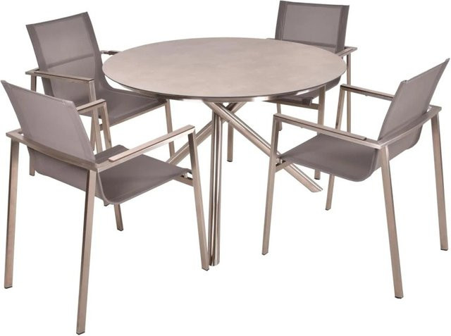 DELUKE Garten-Sitzgruppe HAKON 5-teiliges Gartenmöbel-Set aus Edelstahl in Grau mit Esstisch und Stapelstühlen - Bild 1
