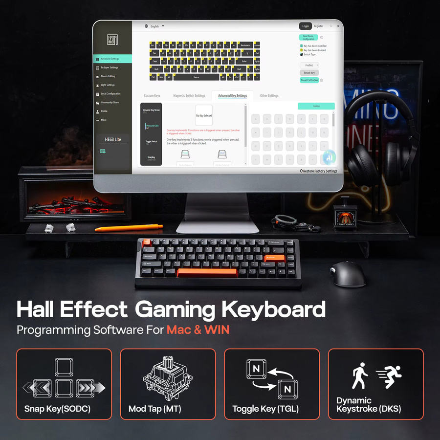 EPOMAKER HE68 Lite Magnetische Mechanische Tastatur mit Hall-Effekt, 65 % ANSI US-Layout, RGB-Hintergrundbeleuchtung, kabelgebunden, Schwarz-Rot - Bild 2