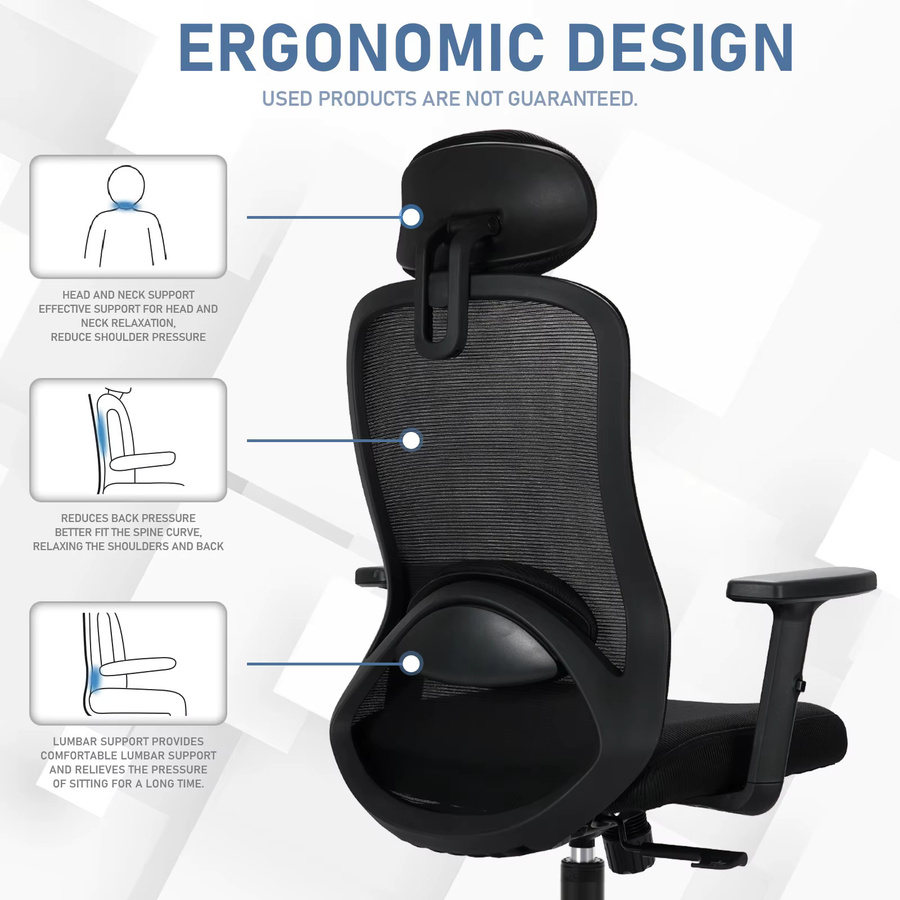Milacyee Ergonomischer Computer-Schreibtischstuhl in Schwarz mit hoher Rückenlehne, verstellbarer Kopfstütze, Lendenwirbelstütze und Liegefunktion - Bild 5