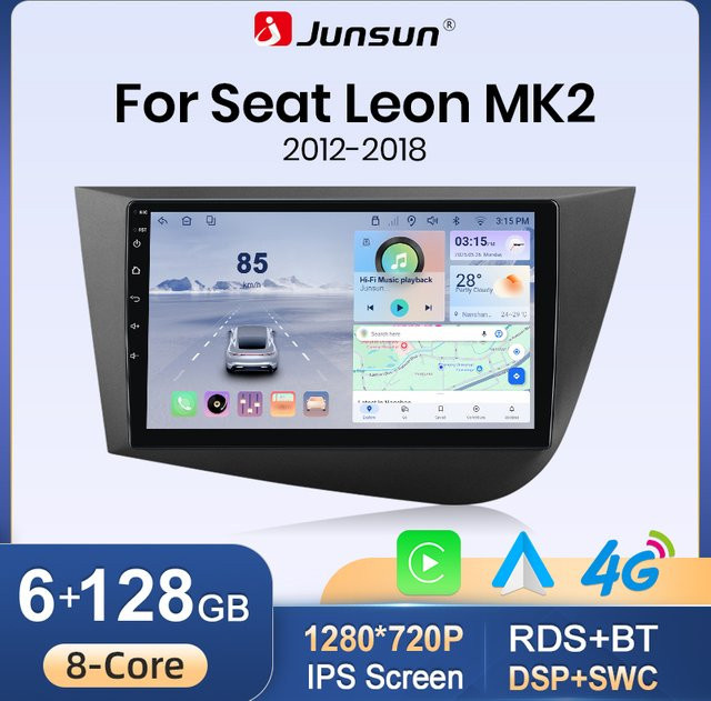 Junsun Wireless CarPlay Android Auto Autoradio für Seat Leon 2 MK2 1P 2005-2012 mit GPS-Navigation, WiFi, Bluetooth und IPS Touchscreen in Schwarz - Bild 1