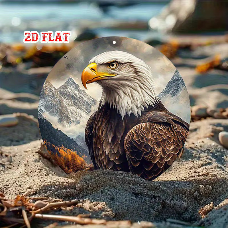 Mountainales Eagle runde Metallwandkunst Weißkopfseeadler im Flug mit Bergen rustikales modernes Dekor - Bild 4