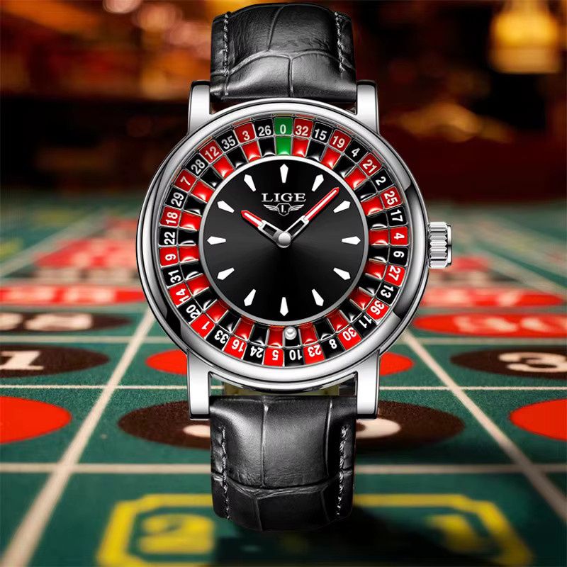 LIGE Armbanduhr Quarz, Roulette-Spielzifferblatt, Leder, Schwarz, Herren - Bild 2