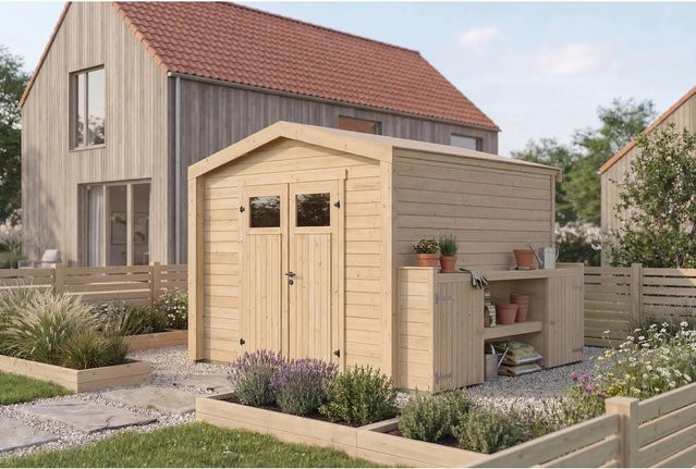 Weka Holz-Gartenhaus Killarney mit Satteldach in Natur Braun, B: 357 cm, T: 313 cm, H: 246 cm - Bild 1