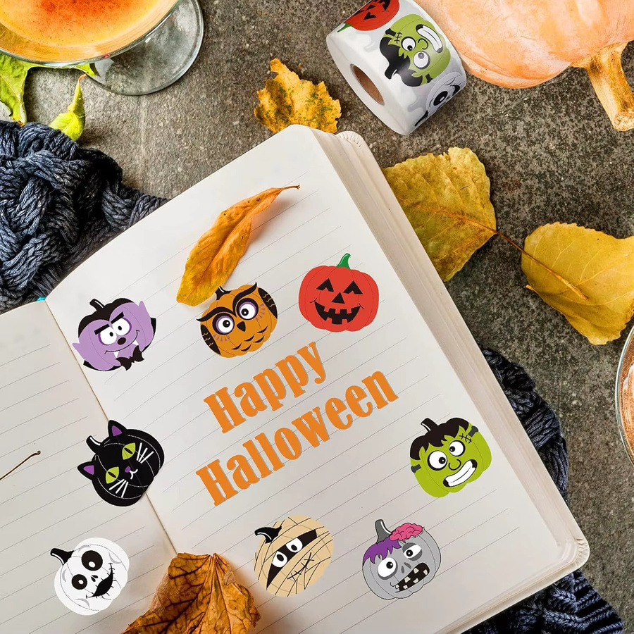 500 Stück TYFYO Halloween-Aufkleber mit 8 Kürbis-Designs, Mehrfarbig, Durchmesser: 3,048 cm - Bild 3