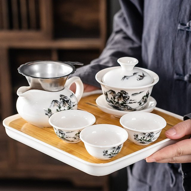 RONGFABOX Kung-Fu-Teeset aus Keramik in Weiß mit Deckschüssel, 3 Tassen und Trockentablett zur Teezubereitung - Bild 1