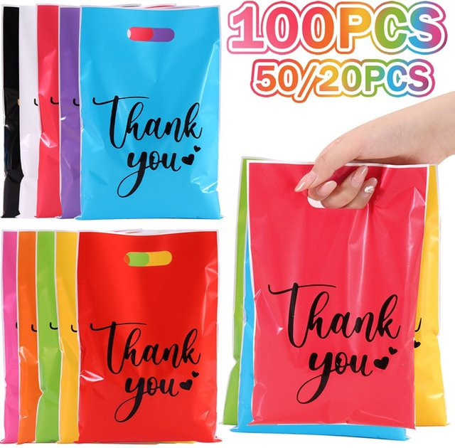 Dankeschön-Geschenktüten aus Kunststoff in Mehrfarben für Süßigkeiten, Kekse und Partygeschenke bei Hochzeiten oder Geburtstagen - Bild 1