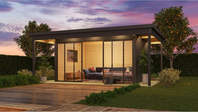 Lasita Holz-Gartenhaus Domeo 4 Loggia mit Flachdach in Grau, B: 578 cm, T: 401,9 cm - Bild 1