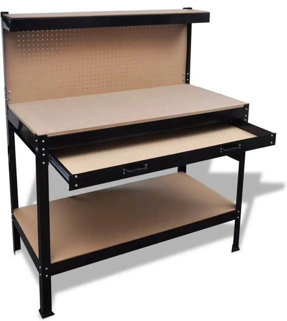 vidaXL Werkbank mit Lochwand und Schublade in Schwarz aus Stahl und MDF, B/T/H: 140 x 55 x 115 cm - Bild 1