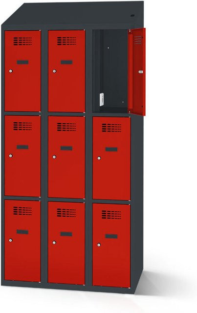 rotstahl Fächerschrank mit Ladefunktion in Rot und Anthrazitgrau, B: 90 cm, H: 200 cm - Bild 1