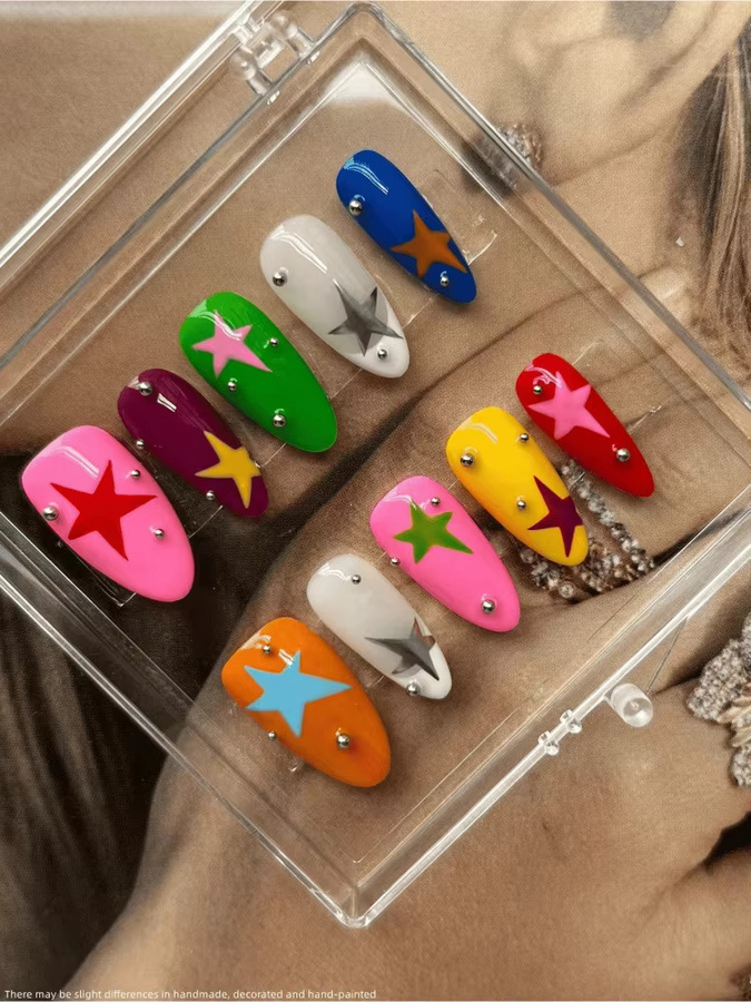 Handgemalte Nagelkunst, Mandel-Dopamin-Farbe, Sternmuster, Glänzend, 10 Stück - Bild 3