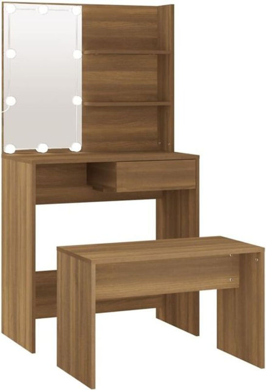 Schminktisch-Set aus Holz in Eichen-Optik und Braun mit Leder-Elementen von vidaxl - Bild 1