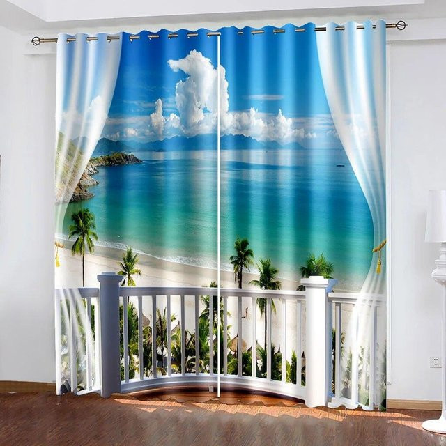 A Family Of Home Textiles Vorhang mit 3D Digitaldruck Strandlandschaft in Blau, semi-transparent, B: 50 cm, H: 130 cm, 2er-Set - Bild 1