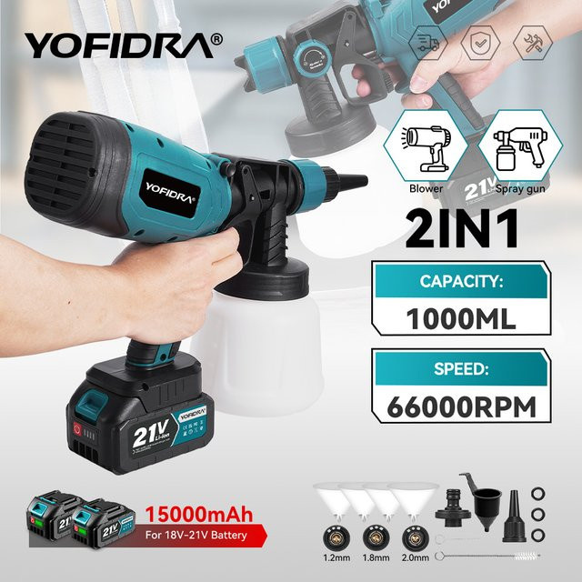 YOFIDRA Elektrische Spritzpistole Kabellos mit 1000 ml Behälter für Makita 21V Akku, Akku-Sprühgerät für Auto-Stahlbeschichtung und Airbrush-Anwendungen - Bild 1