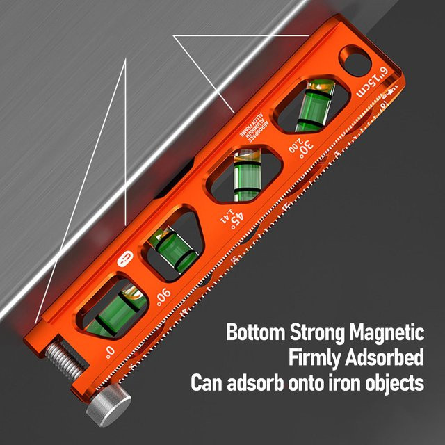 Magnetisches Wasserwaage-Lineal in Orange mit 4 Wasserwaagen und metrischer sowie kaiserlicher Skala, Länge: 15 cm - Bild 1