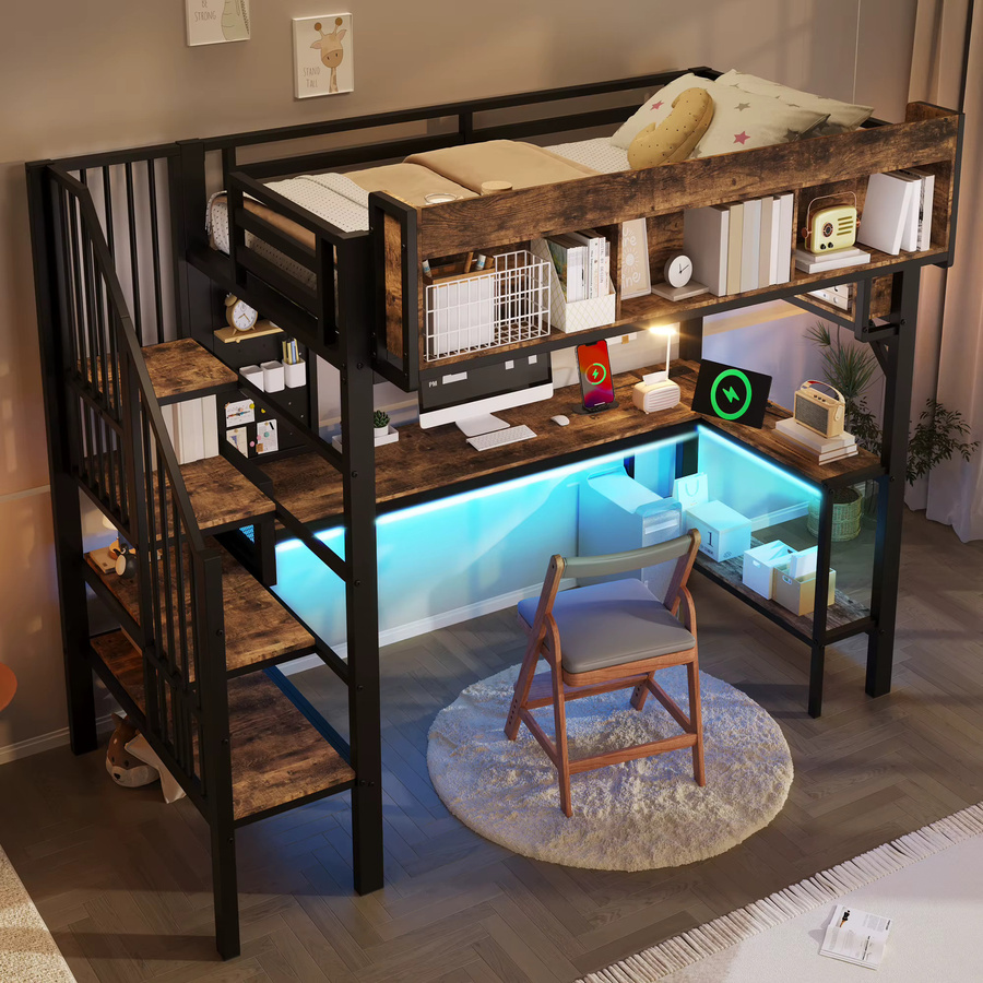 KOMHTOM Vintage Kinder-Hochbett in Schwarz mit Eckschreibtisch, Stauraum, Lochplatte, USB-Typ-C Steckdose und LED-Beleuchtung, Maße: 90 x 200 cm - Bild 2