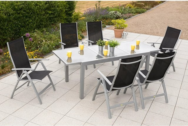 Merxx Gartenmöbel-Set Carrara 7-teilig in Schwarz mit ausziehbarem Glastisch aus Aluminium - Bild 1