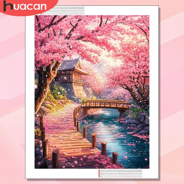 HUACAN Diamantmalerei Haus-Landschaft mit Kirschblüten als kreatives Wandkunst-Set, Mehrfarbig, B: 30,0 cm, H: 20,0 cm - Bild 1