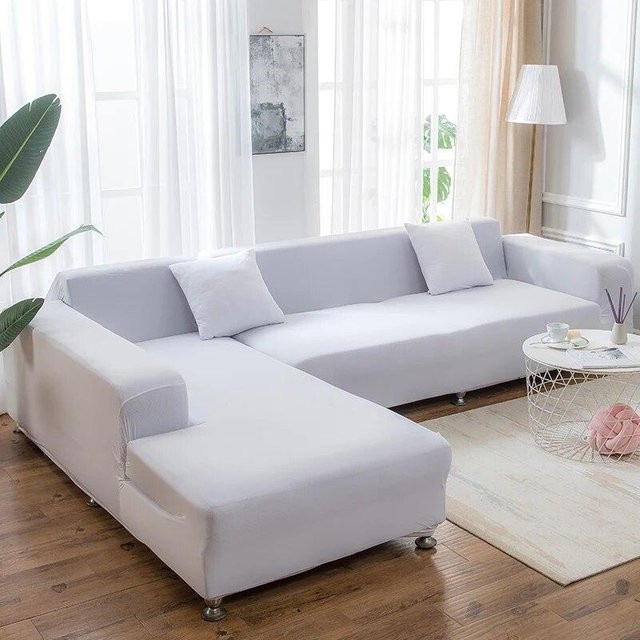 Einfarbiger elastischer Sofabezug für L-förmige Eckcouches von Your Warm Home in Weiß, Breite: 145-185 cm - Bild 1
