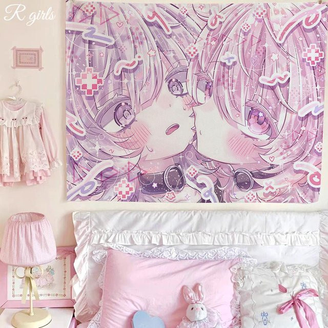 JMG Household Supplies Wandteppich Anime Cartoon Mädchen mit Herz-Motiv in Rosa, B/H: 40 x 60 cm - Bild 1