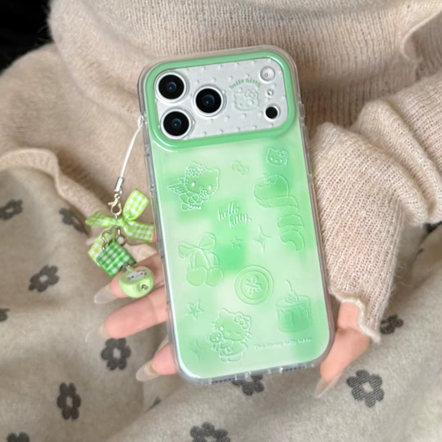 Sanrio Hello Kitty Schutzhülle im Kirsch-Kuchen-Stil für Apple iPhone 17 16 15 Pro Max, stoßfeste doppellagige Hülle mit Anhänger in Grün - Bild 4