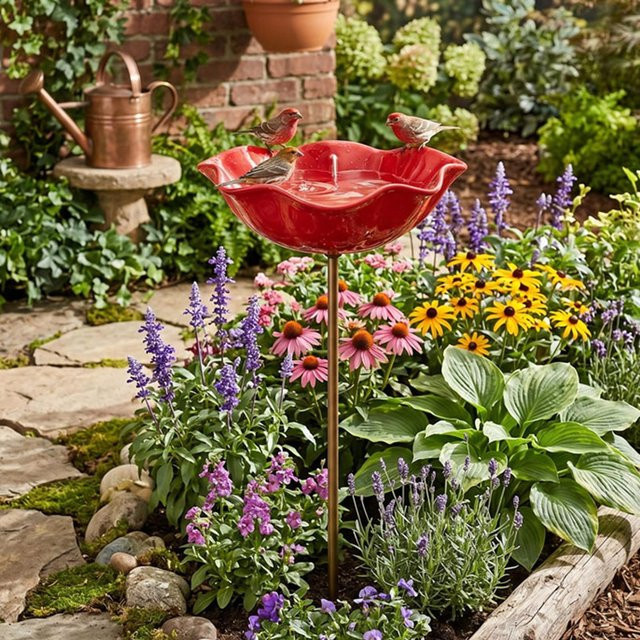 Fishine Freistehende Vogeltränke in Roter Blumenform aus Metall für Garten und Hof, Durchmesser: 15 cm - Bild 1