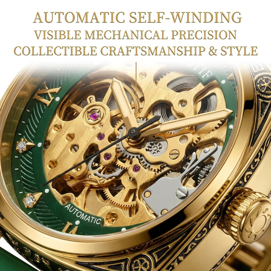 CAROTIF Armbanduhr Automatik, Gold-Grün, Silikon, Herren - Bild 3