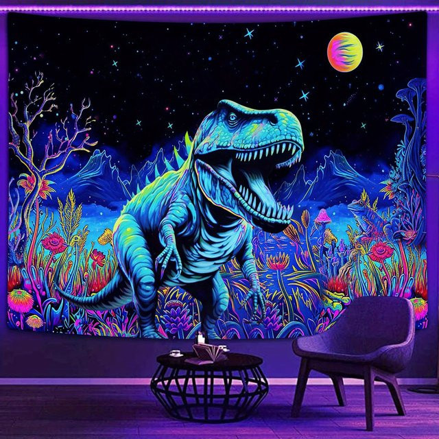 VIKAMA Wandteppich Tyrannosaurus Rex Fantasy Forest mit Sternenhimmel, buntes Textil für Wohnzimmer und Schlafzimmer - Bild 1