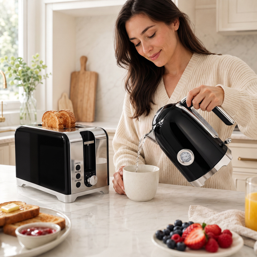 HOMCOM Frühstücksset aus Edelstahl mit Wasserkocher 1,7 l und 2-Scheiben-Toaster in Schwarz und Silber - Bild 2